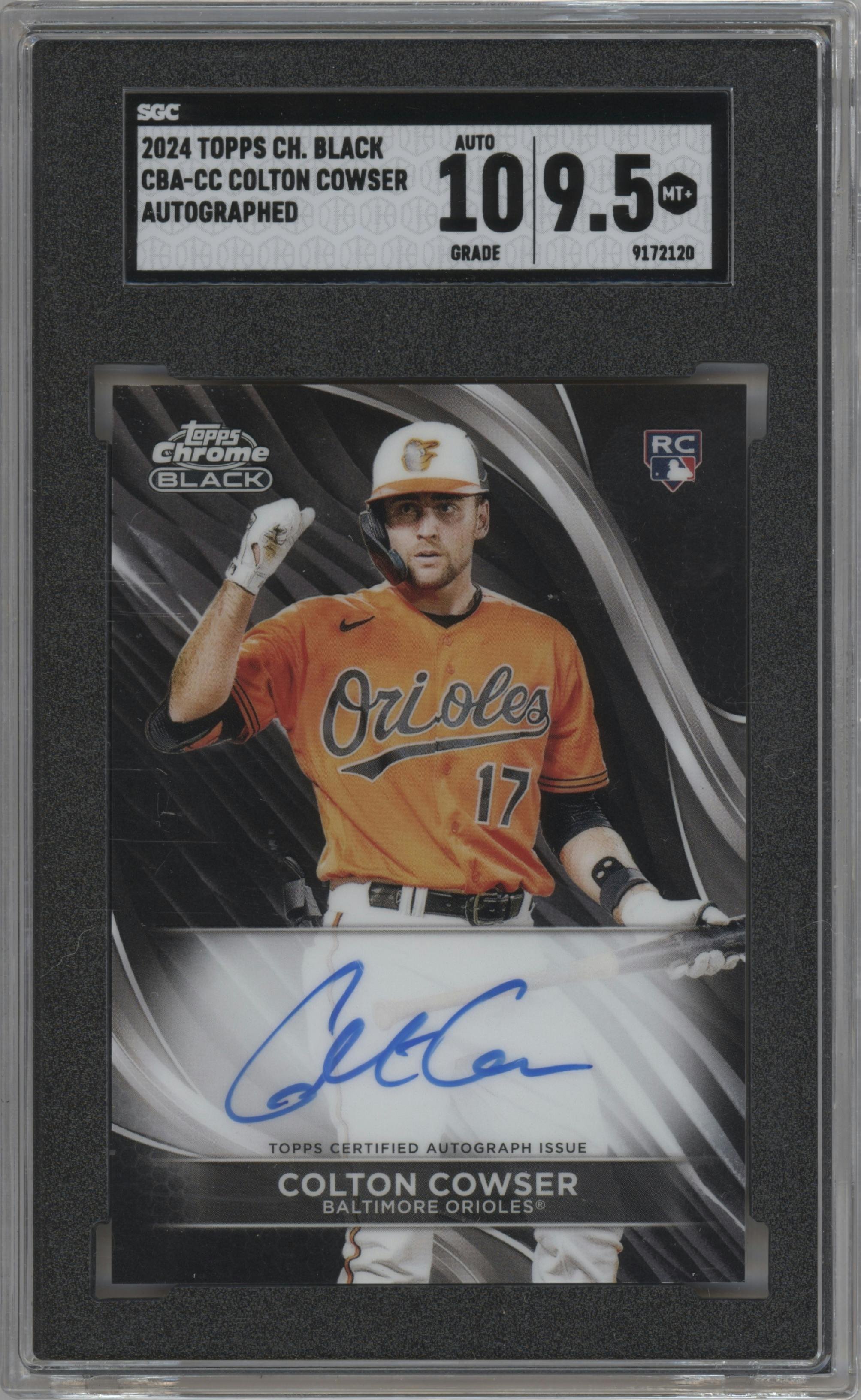 Colton Cowser from the  2024 Topps Chrome Black set graded by SGC and given an overall grade of 9.5.