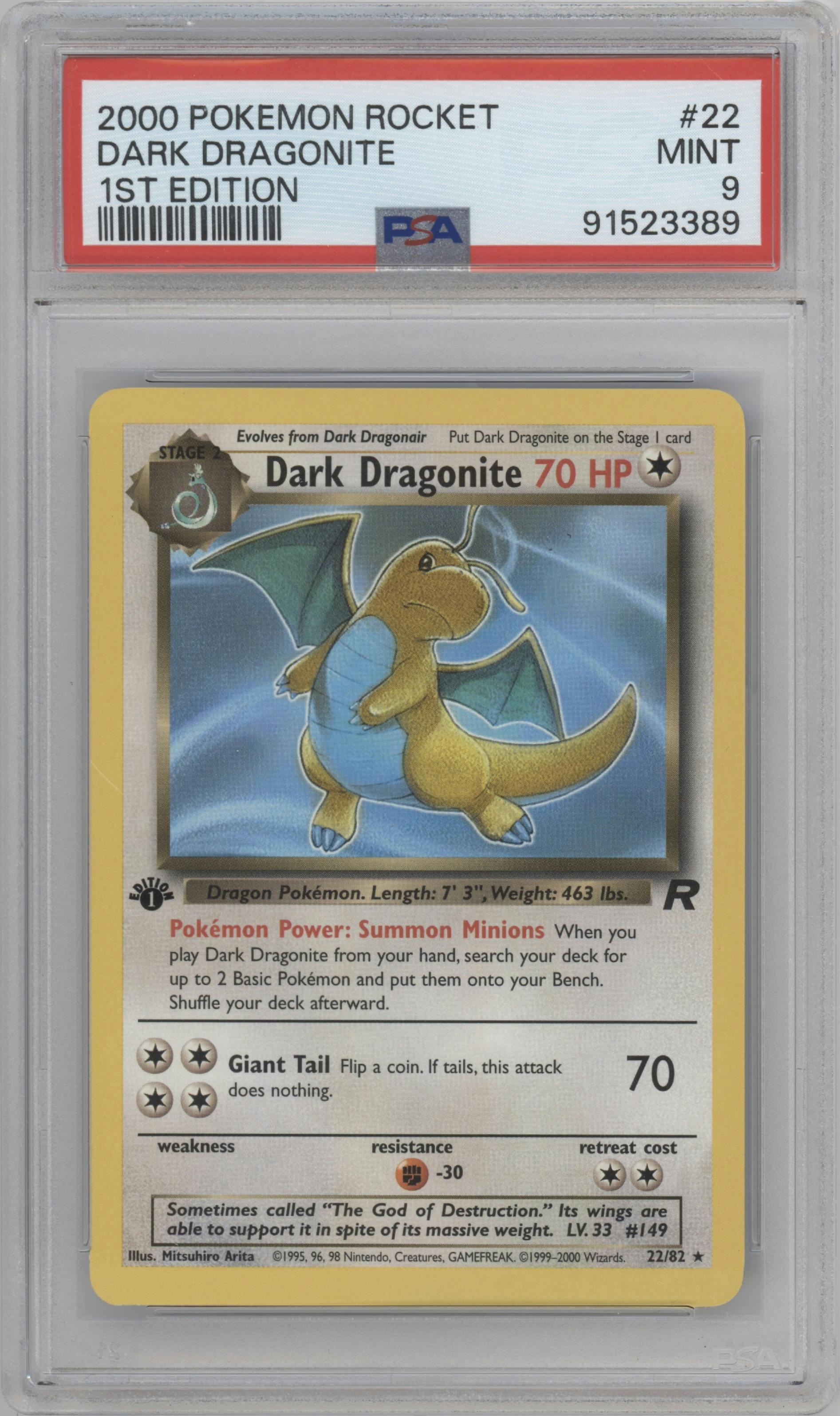 Dark Dragonite from the 2000 Pokemon set graded by PSA and given an overall grade of 9.