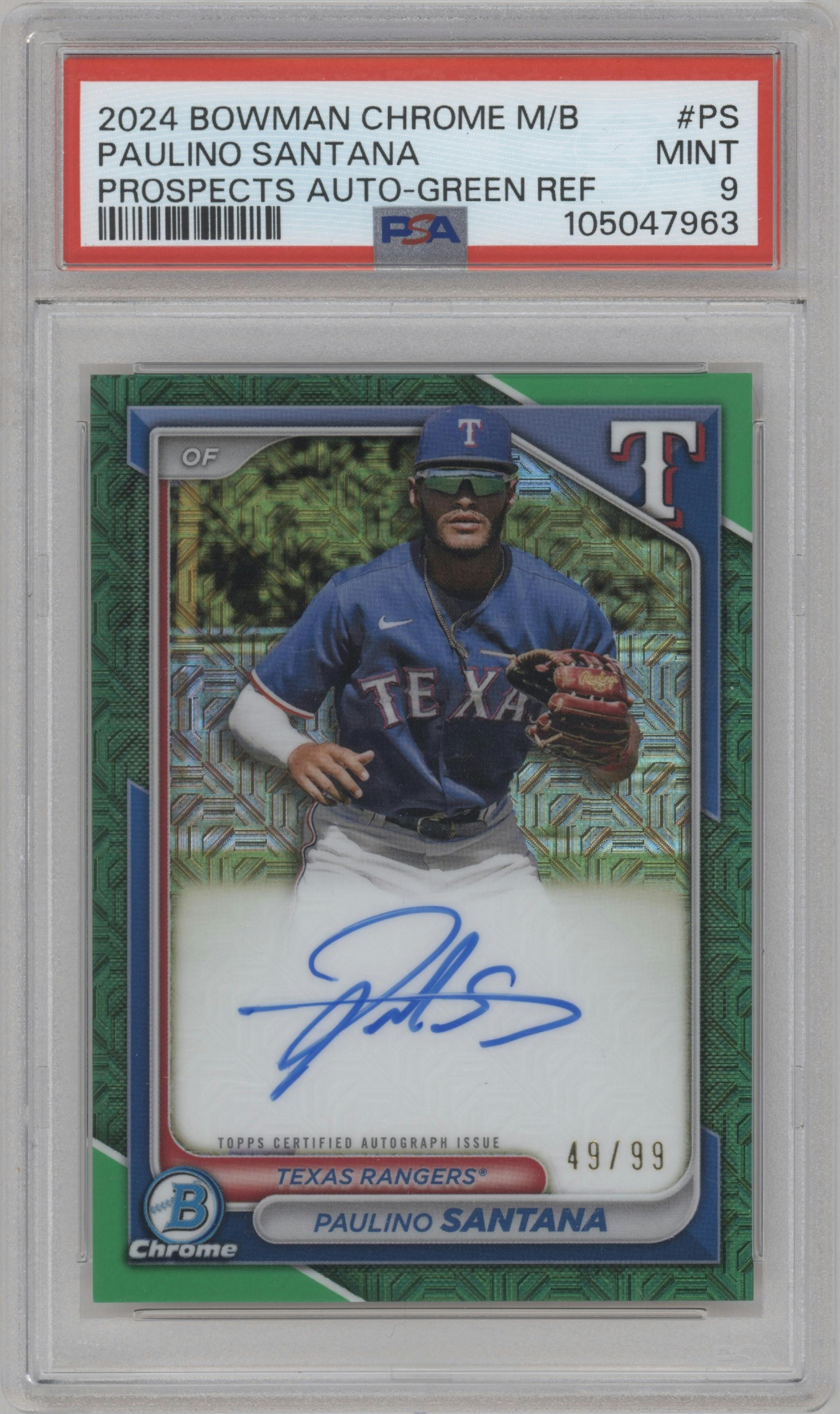 Paulino Santana from the 2024 Bowman Chrome Mega Box set featuring a Green Refractor parallel graded by PSA and given an overall grade of 9.