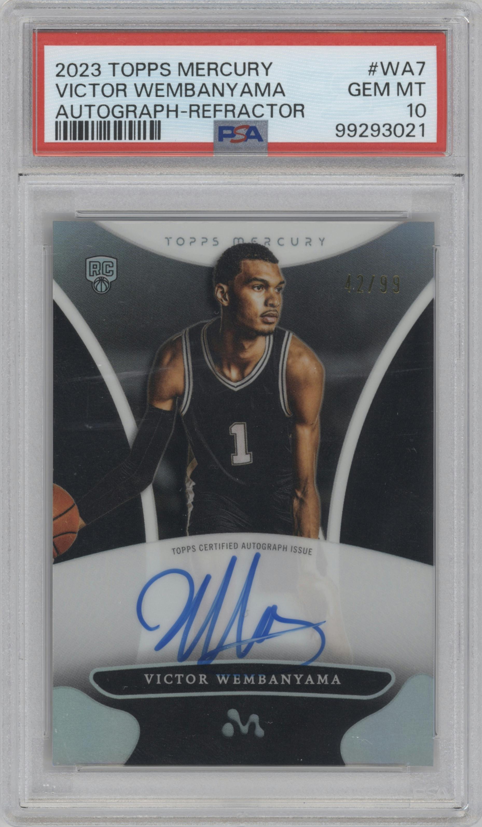 Victor Wembanyama from the 2023-24 Topps Mercury set featuring a Refractor parallel graded by PSA and given an overall grade of 10.