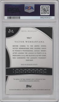 Victor Wembanyama from the 2023-24 Topps Mercury set featuring a Refractor parallel graded by PSA and given an overall grade of 10.