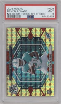 De'Von Achane from the 2023 Panini Mosaic set featuring a Fusion Red/Yellow parallel graded by PSA and given an overall grade of 9.