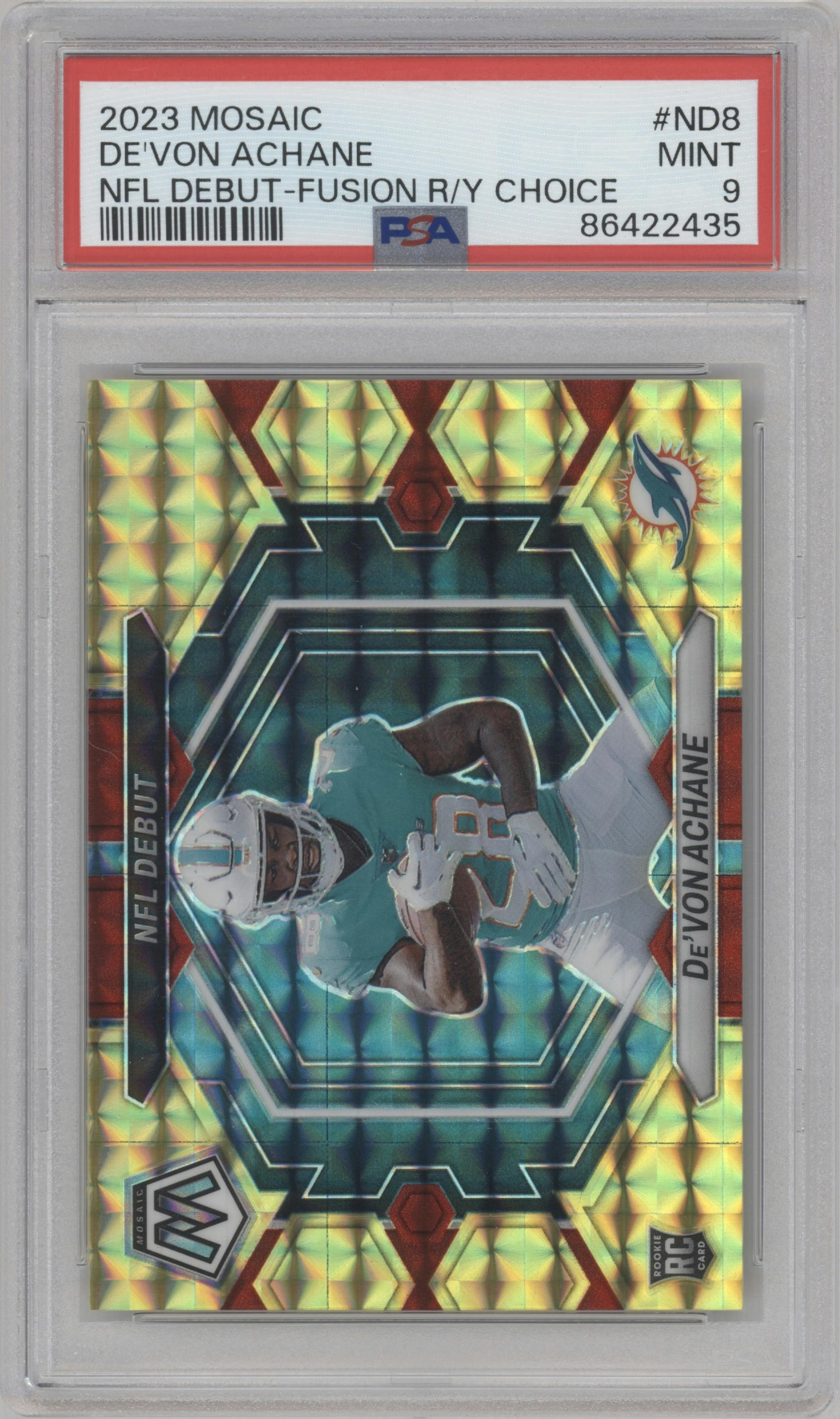 De'Von Achane from the 2023 Panini Mosaic set featuring a Fusion Red/Yellow parallel graded by PSA and given an overall grade of 9.
