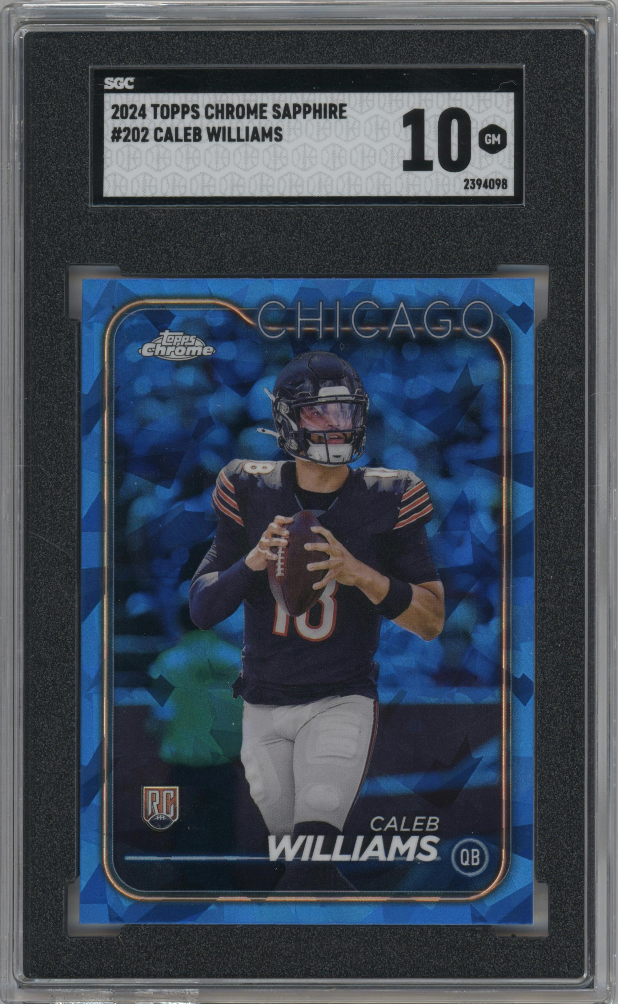 Caleb Williams from the 2024 Topps Chrome Sapphire Edition set graded by SGC and given an overall grade of 10.