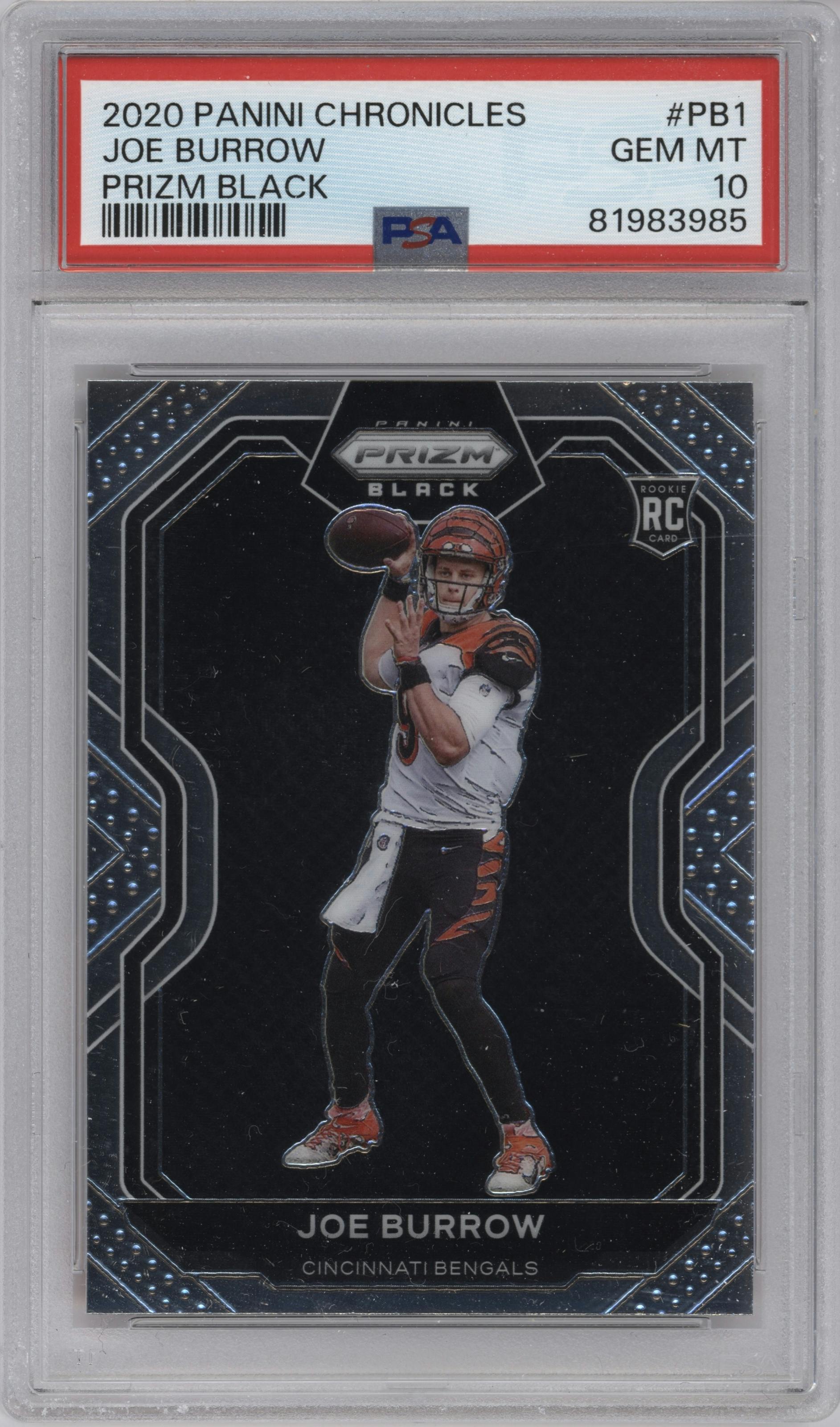 Joe Burrow from the 2020 Panini Chronicles set graded by PSA and given an overall grade of 10.