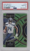 DK Metcalf from the 2023 Panini Select set featuring a Neon Green Prizm parallel graded by PSA and given an overall grade of 10.