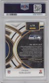 DK Metcalf from the 2023 Panini Select set featuring a Neon Green Prizm parallel graded by PSA and given an overall grade of 10.