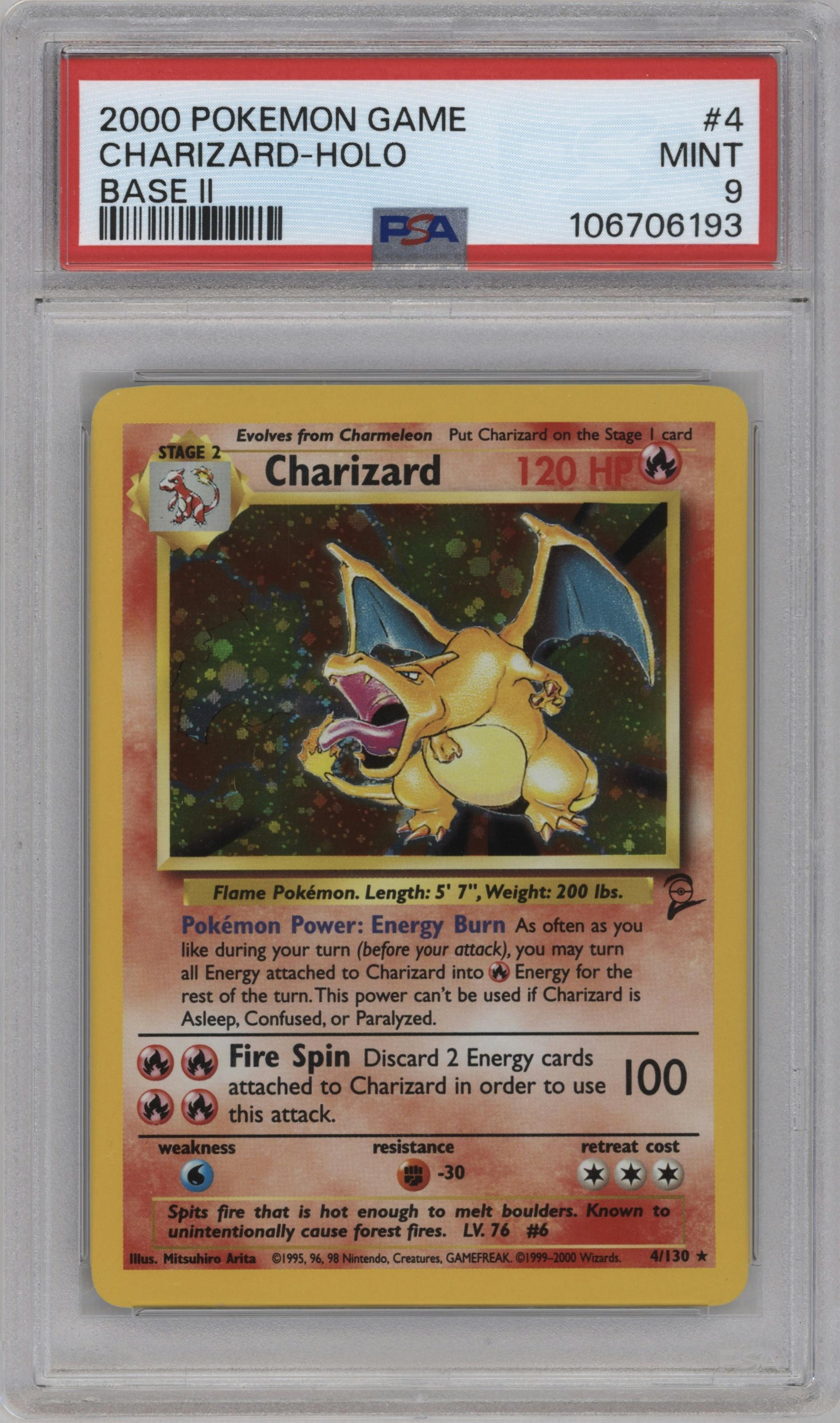 Charizard from the 2000 Pokemon set graded by PSA and given an overall grade of 9.