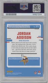 Jordan Addison from the 2023 Donruss Optic set featuring a Holo parallel graded by PSA and given an overall grade of 10.