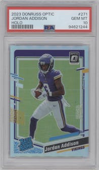 Jordan Addison from the 2023 Donruss Optic set featuring a Holo parallel graded by PSA and given an overall grade of 10.