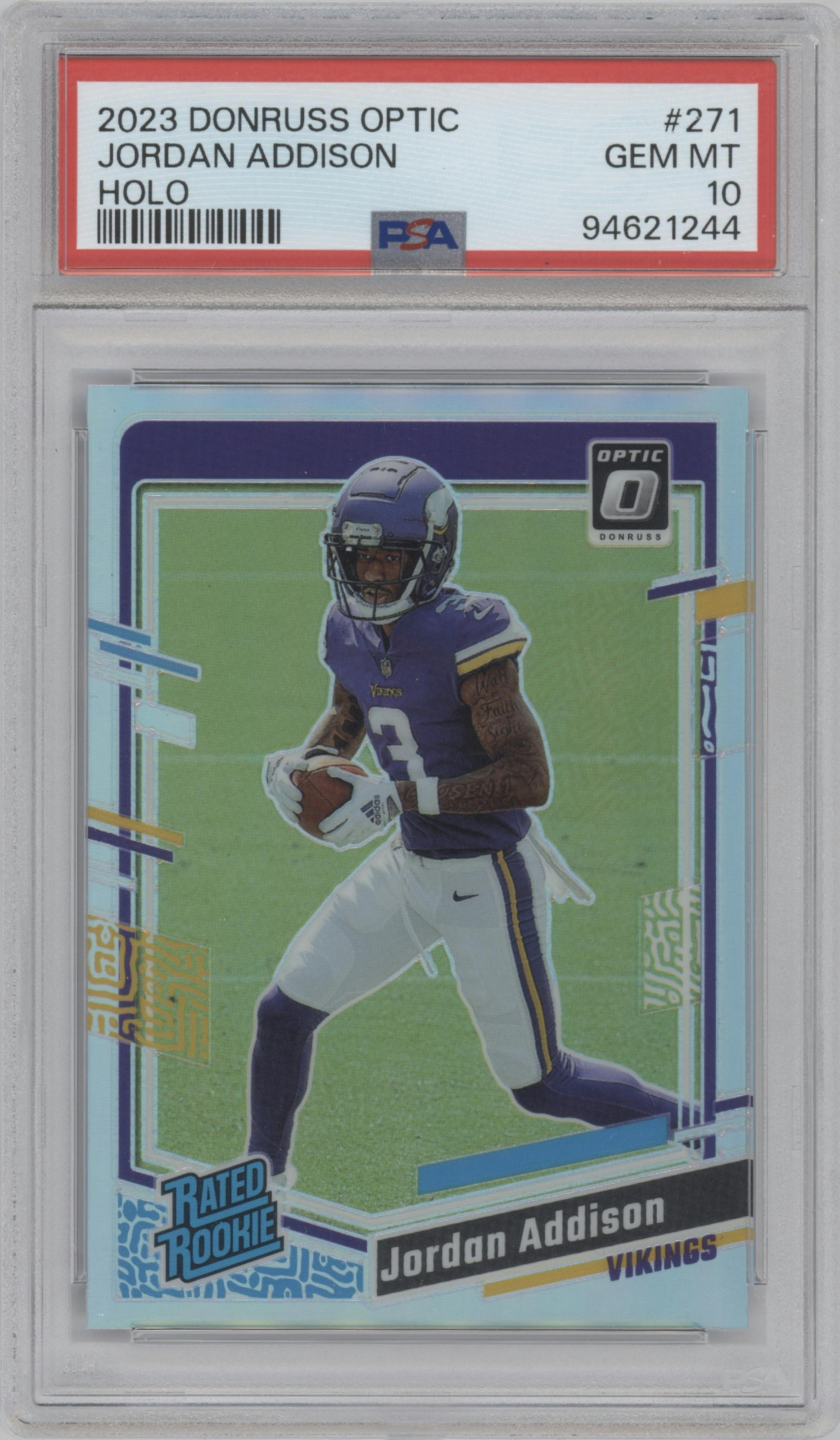 Jordan Addison from the 2023 Donruss Optic set featuring a Holo parallel graded by PSA and given an overall grade of 10.