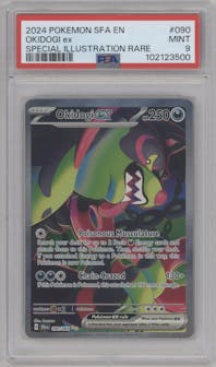 Okidogi ex from the 2024 Pokemon SV set graded by PSA and given an overall grade of 9.