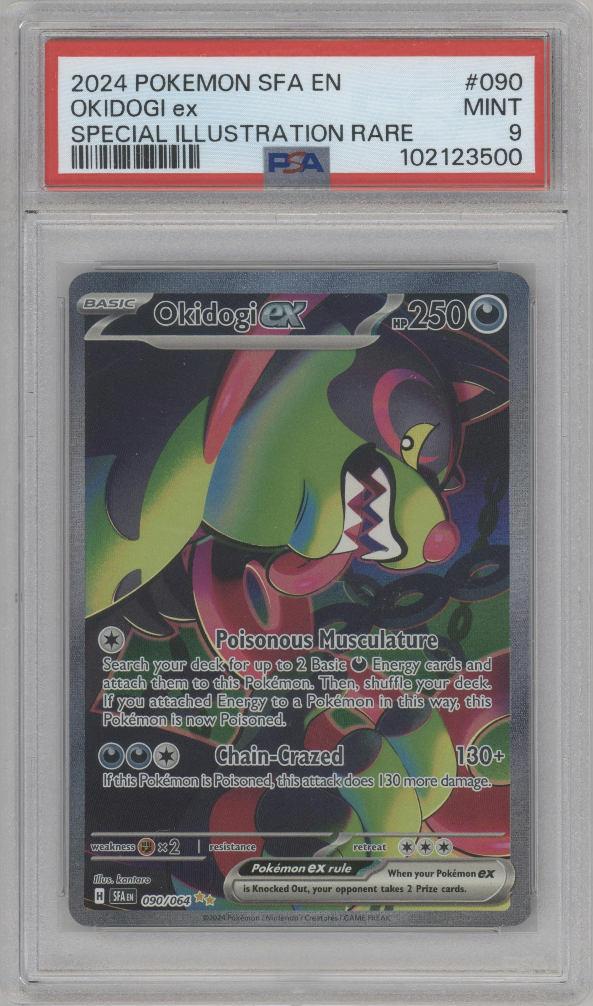 Okidogi ex from the 2024 Pokemon SV set graded by PSA and given an overall grade of 9.