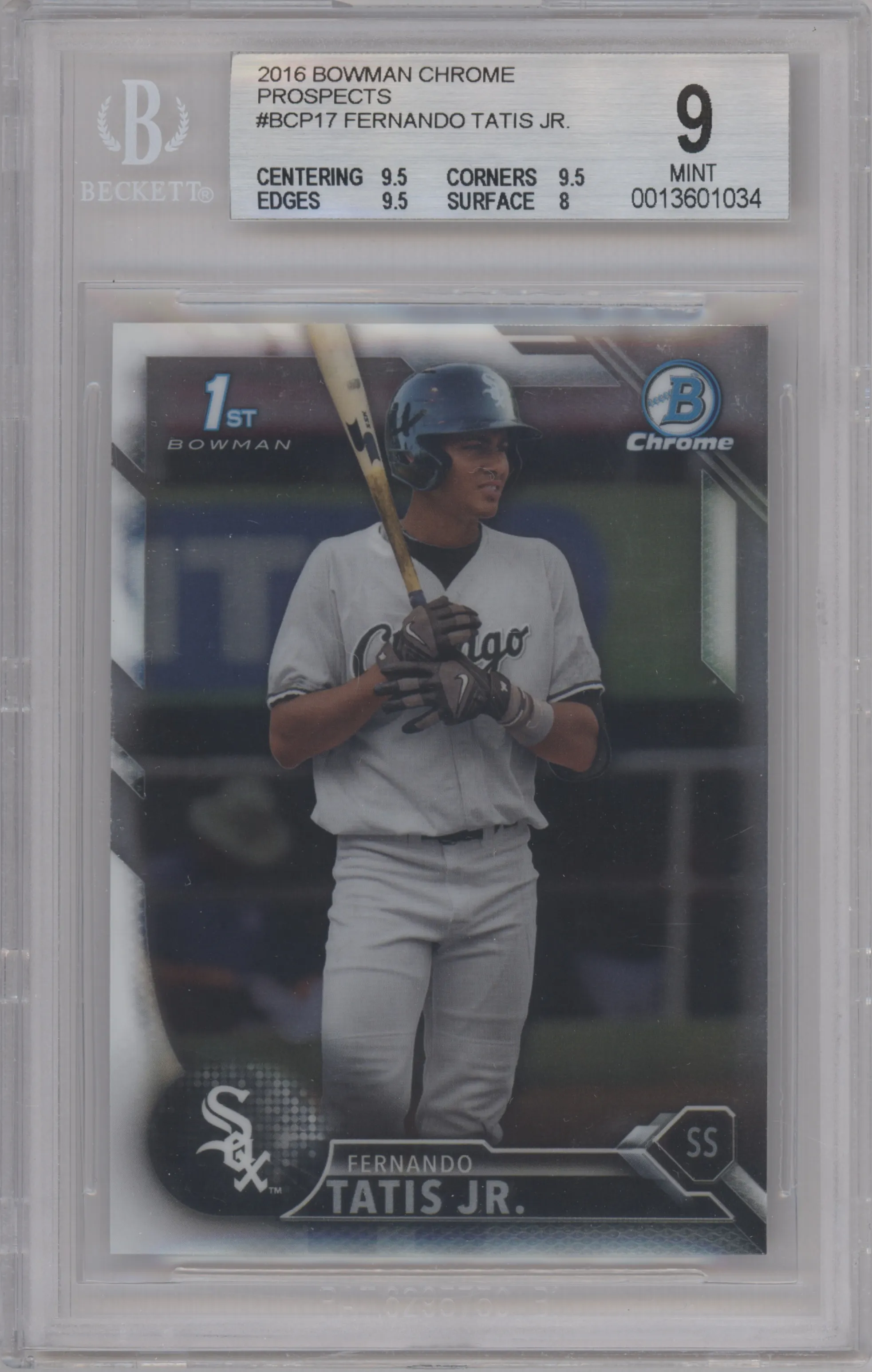 Fernando Tatis Jr. from the 2016 Bowman Chrome set graded by Beckett and given an overall grade of 9.
