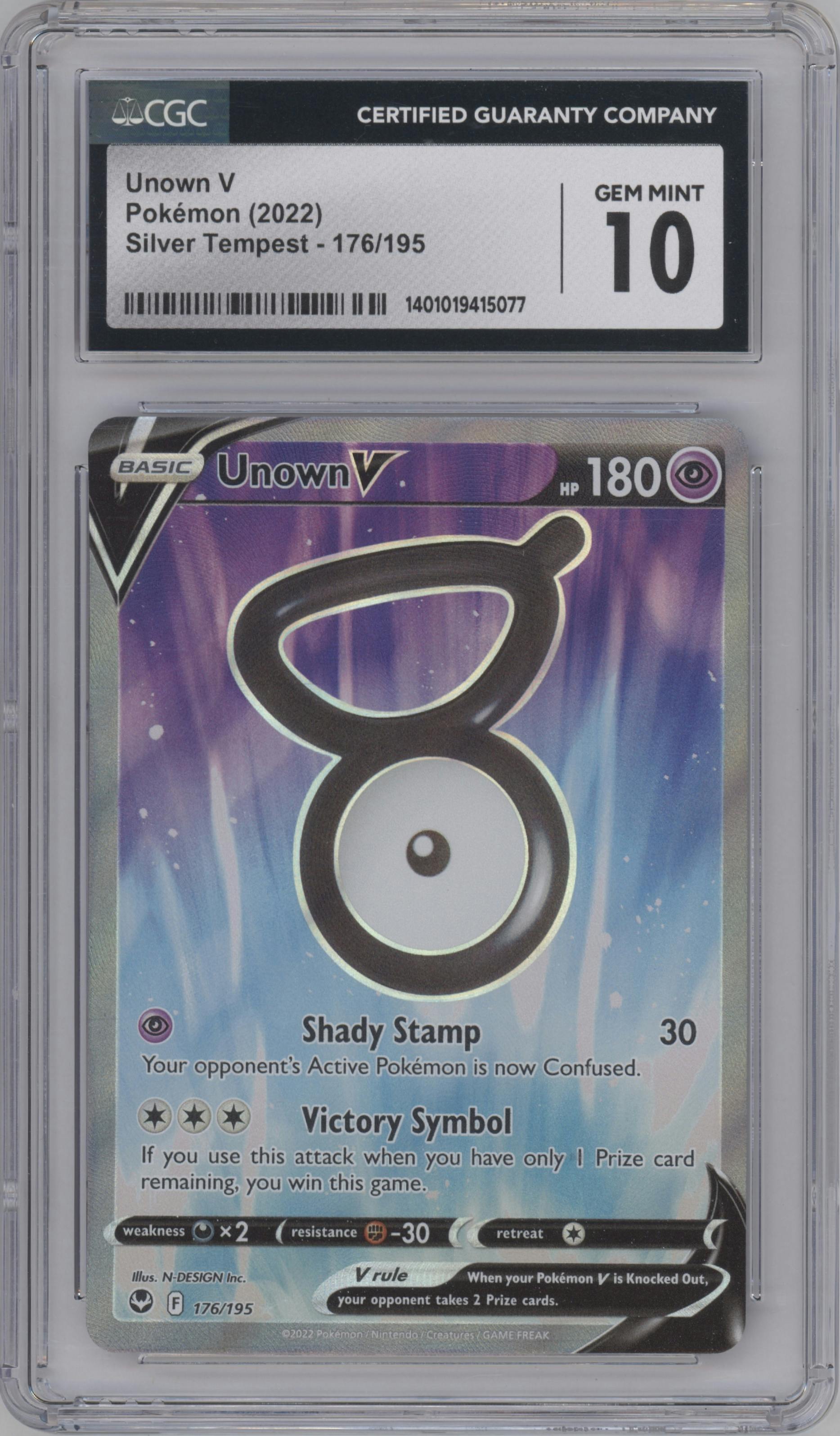 Unown V from the 2022 Pokemon SWSH set graded by CSG and given an overall grade of 10.