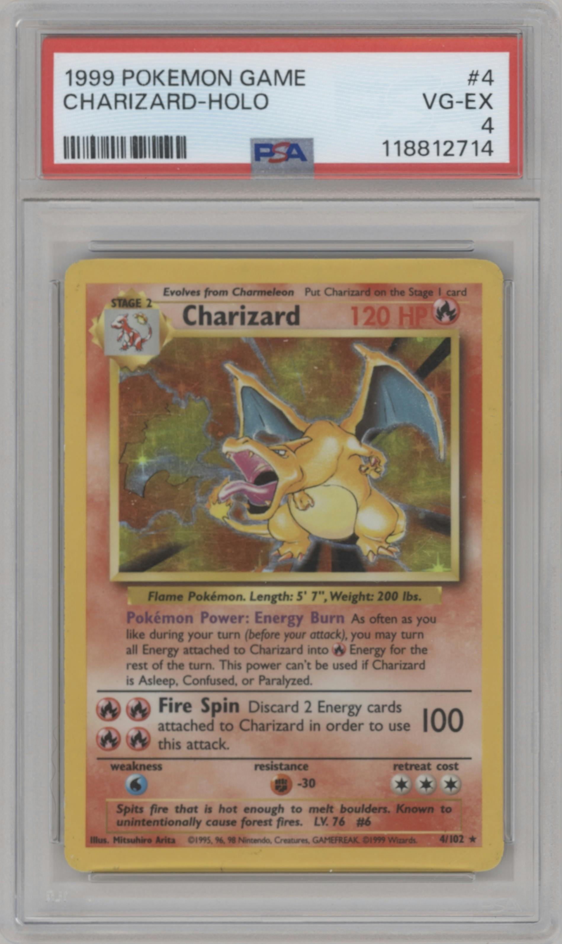 Charizard from the 1999 Pokemon set graded by PSA and given an overall grade of 4.