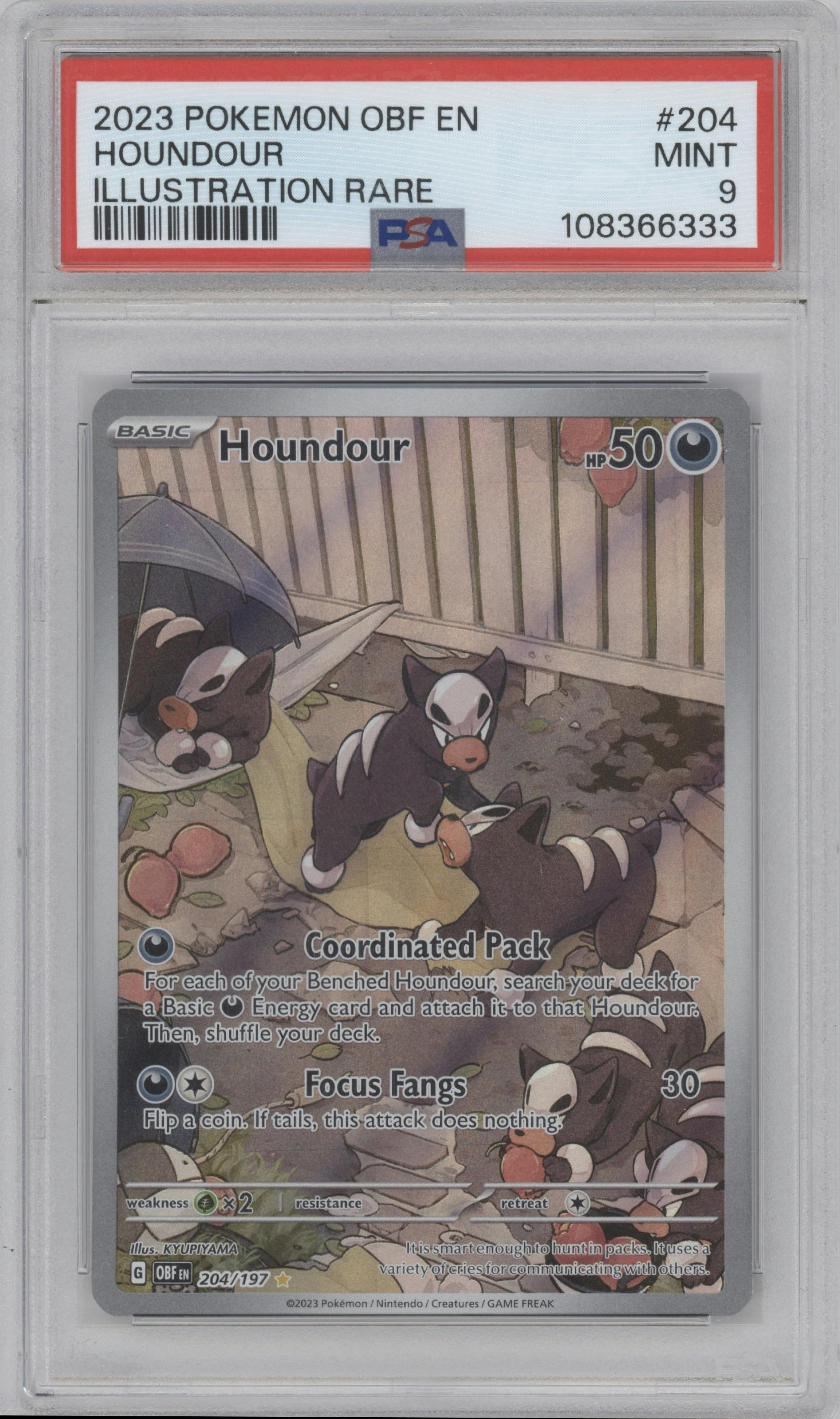 Houndour from the 2023 Pokemon SV set graded by PSA and given an overall grade of 9.