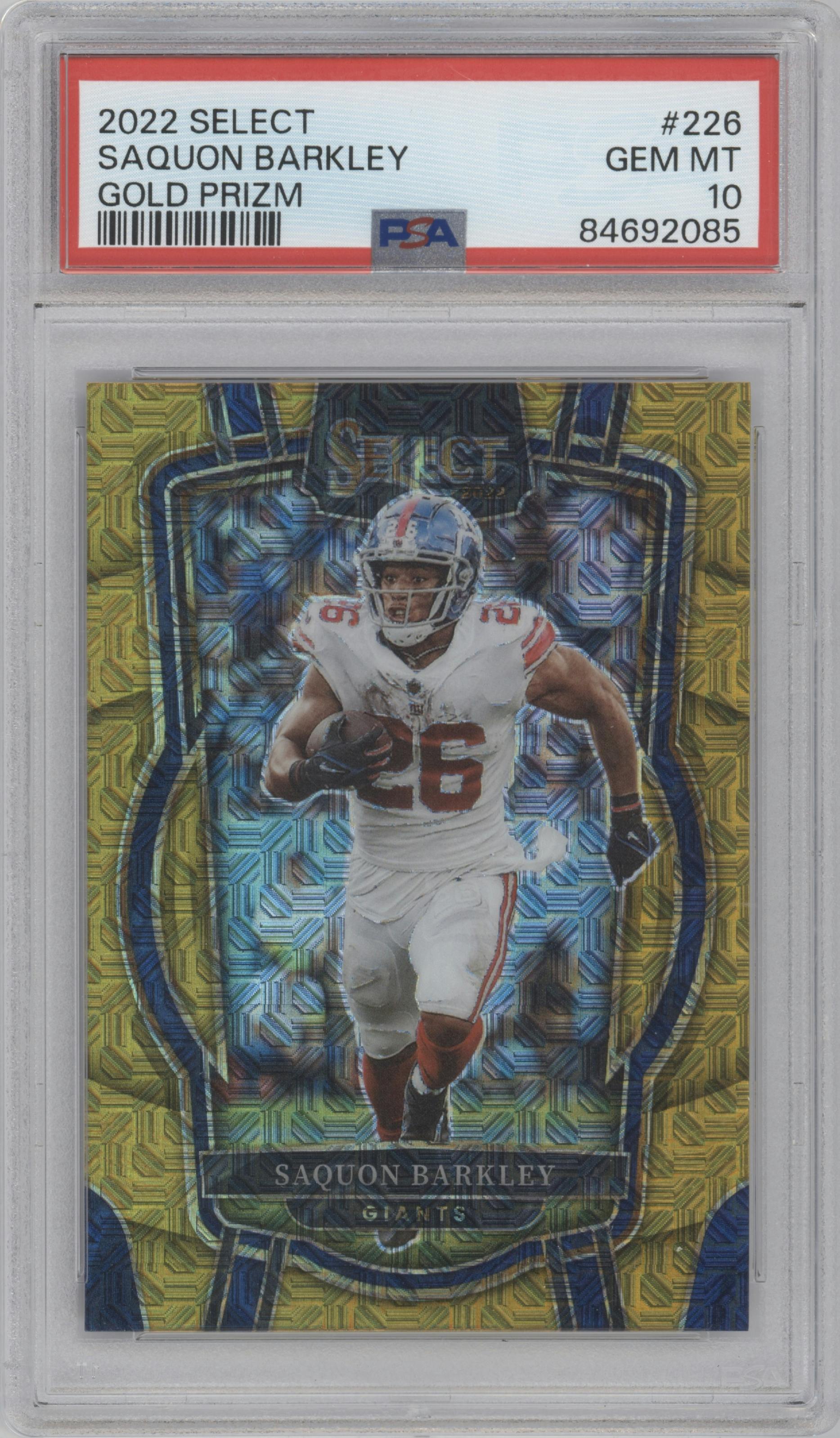 Saquon Barkley from the 2022 Panini Select set featuring a Gold Prizm parallel graded by PSA and given an overall grade of 10.