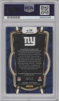 Saquon Barkley from the 2022 Panini Select set featuring a Gold Prizm parallel graded by PSA and given an overall grade of 10.