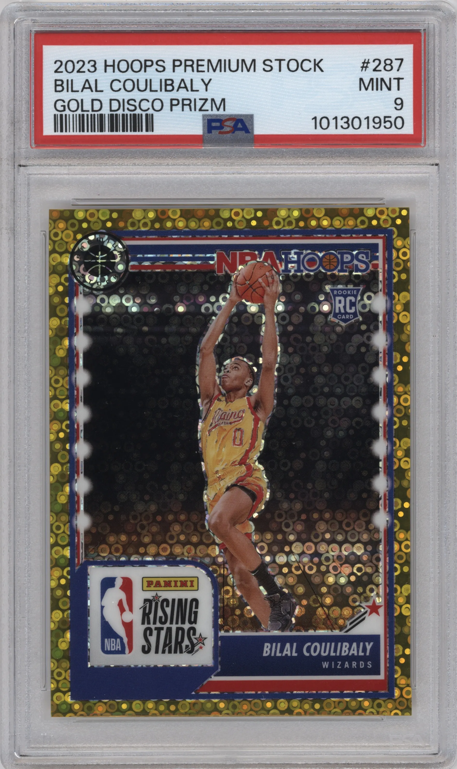 2023 Panini Hoops Premium Stock Rising Stars Bilal Coulibaly Gold Disco #287 PSA 9