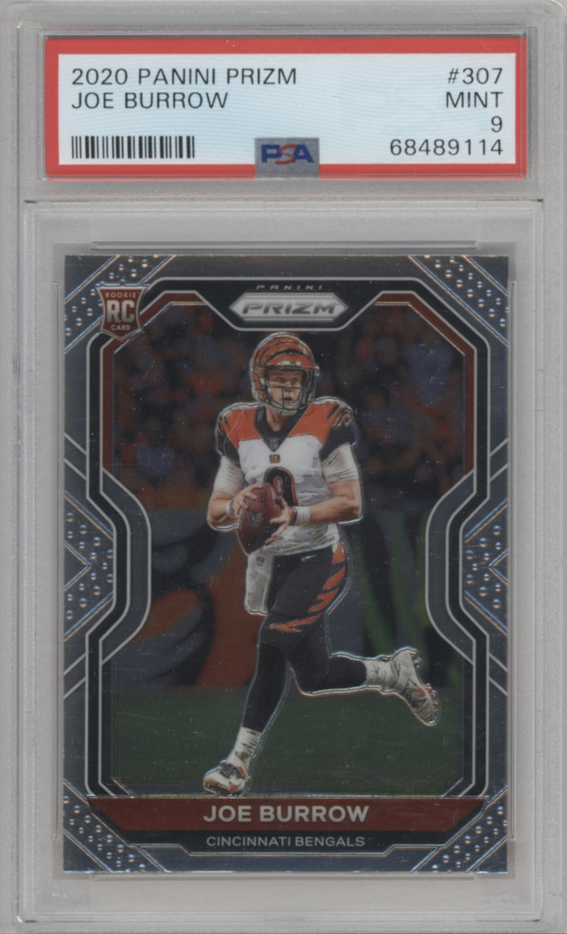 Joe Burrow from the 2020 Panini Prizm set graded by PSA and given an overall grade of 9.