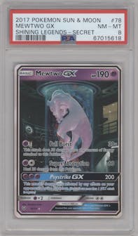 Mewtwo GX from the 2017 Pokemon S&M set graded by PSA and given an overall grade of 8.