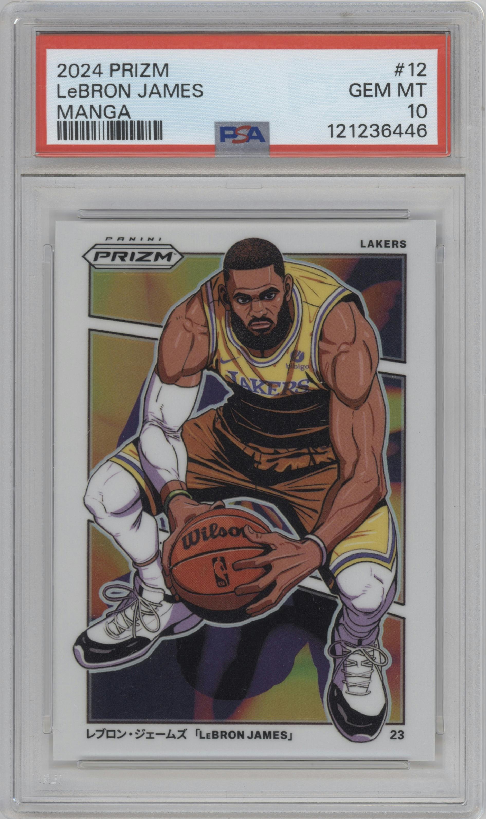 LeBron James from the 2024-25 Panini Prizm set graded by PSA and given an overall grade of 10.