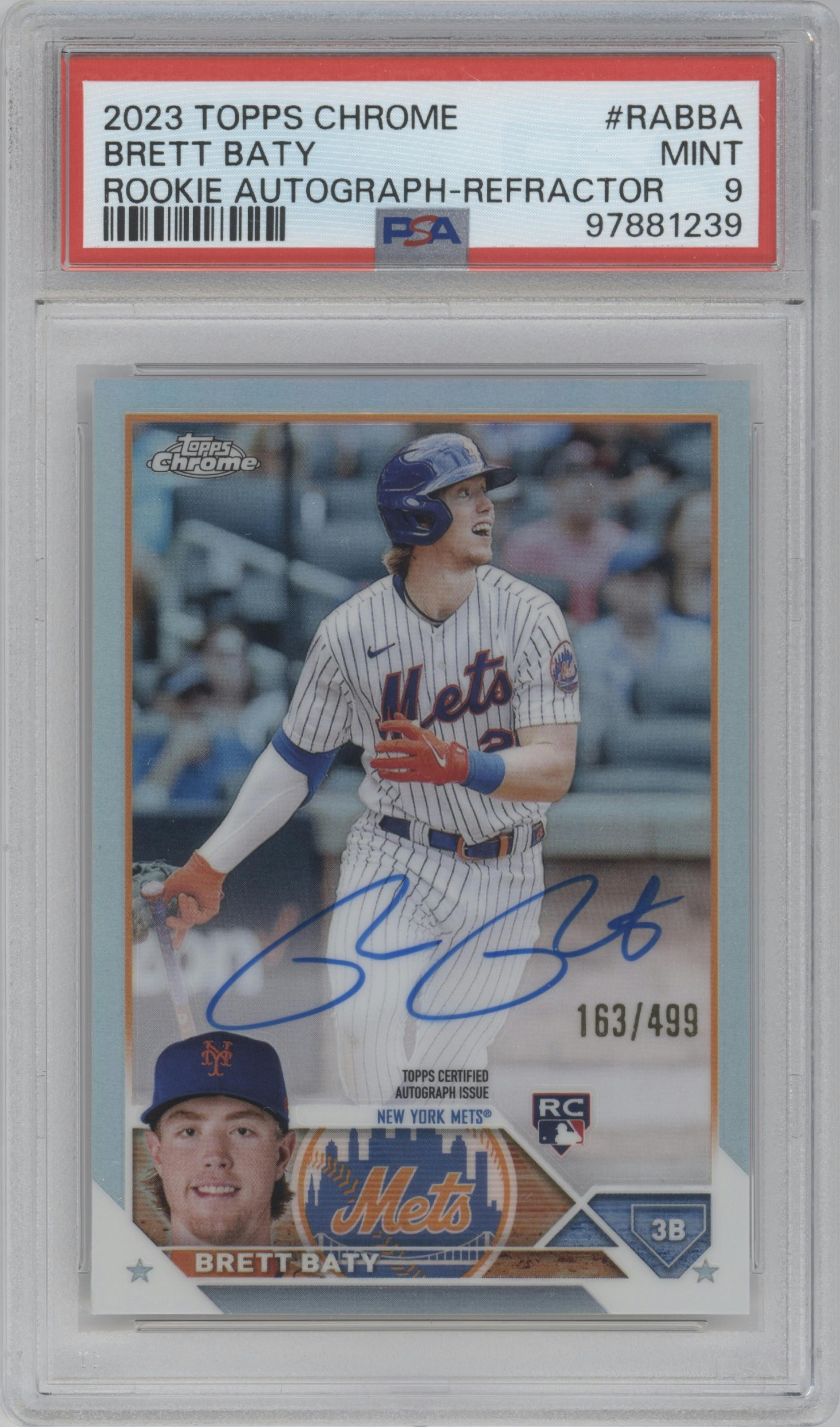 Brett Baty from the 2023 Topps Chrome set featuring a Refractor parallel graded by PSA and given an overall grade of 9.