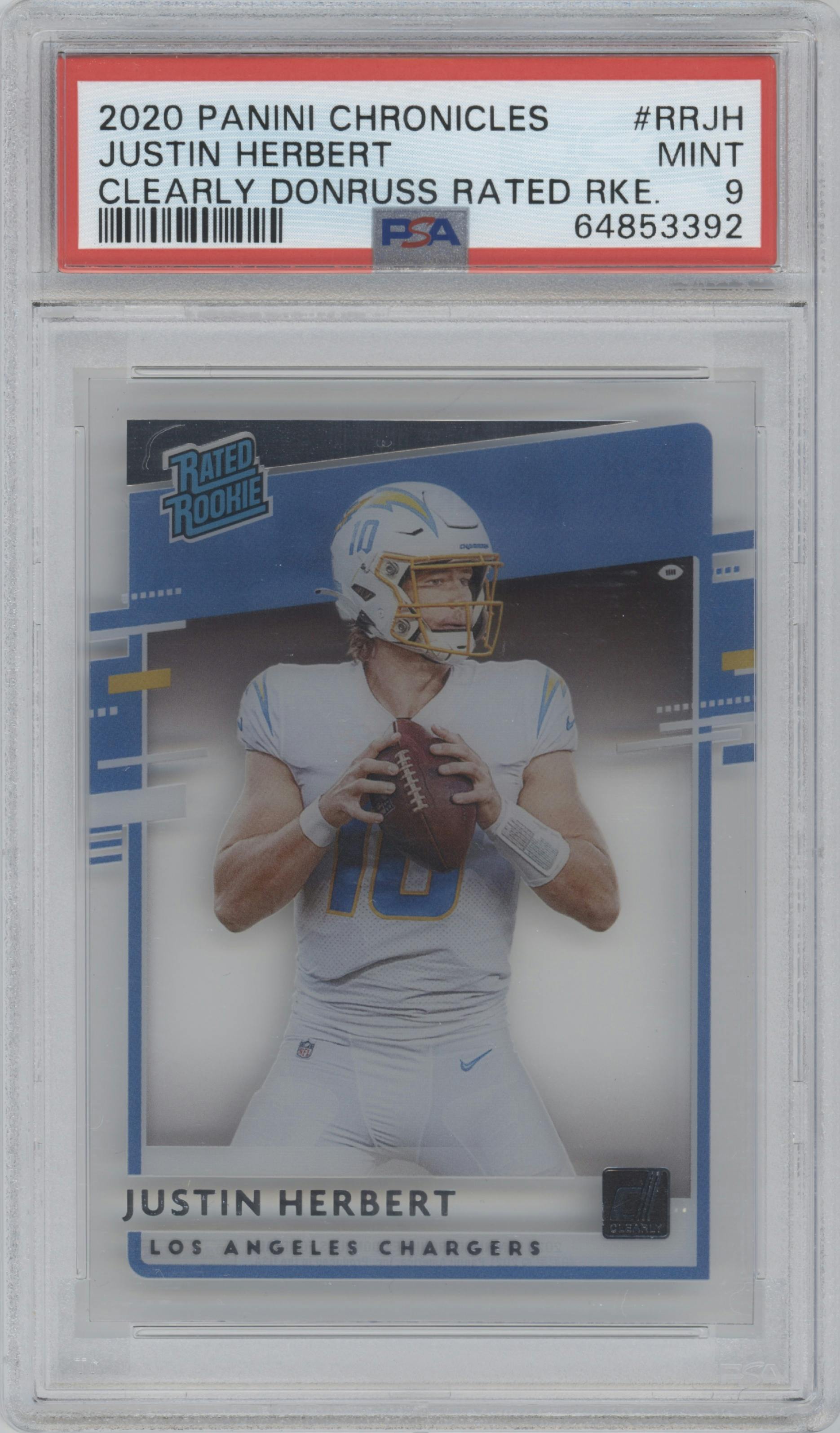 Justin Herbert from the 2020 Panini Chronicles set graded by PSA and given an overall grade of 9.