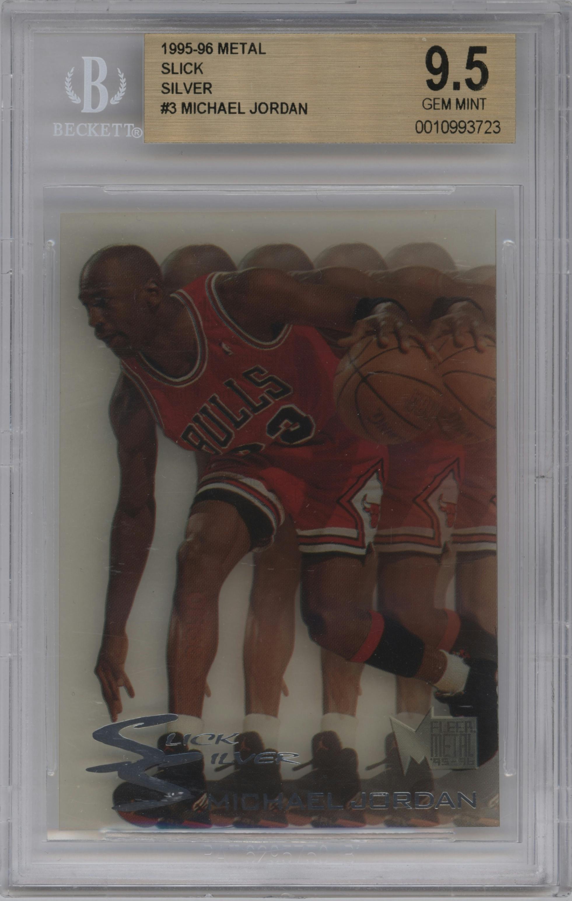 Michael Jordan from the 1995-96 Fleer Metal set graded by Beckett and given an overall grade of 9.5.