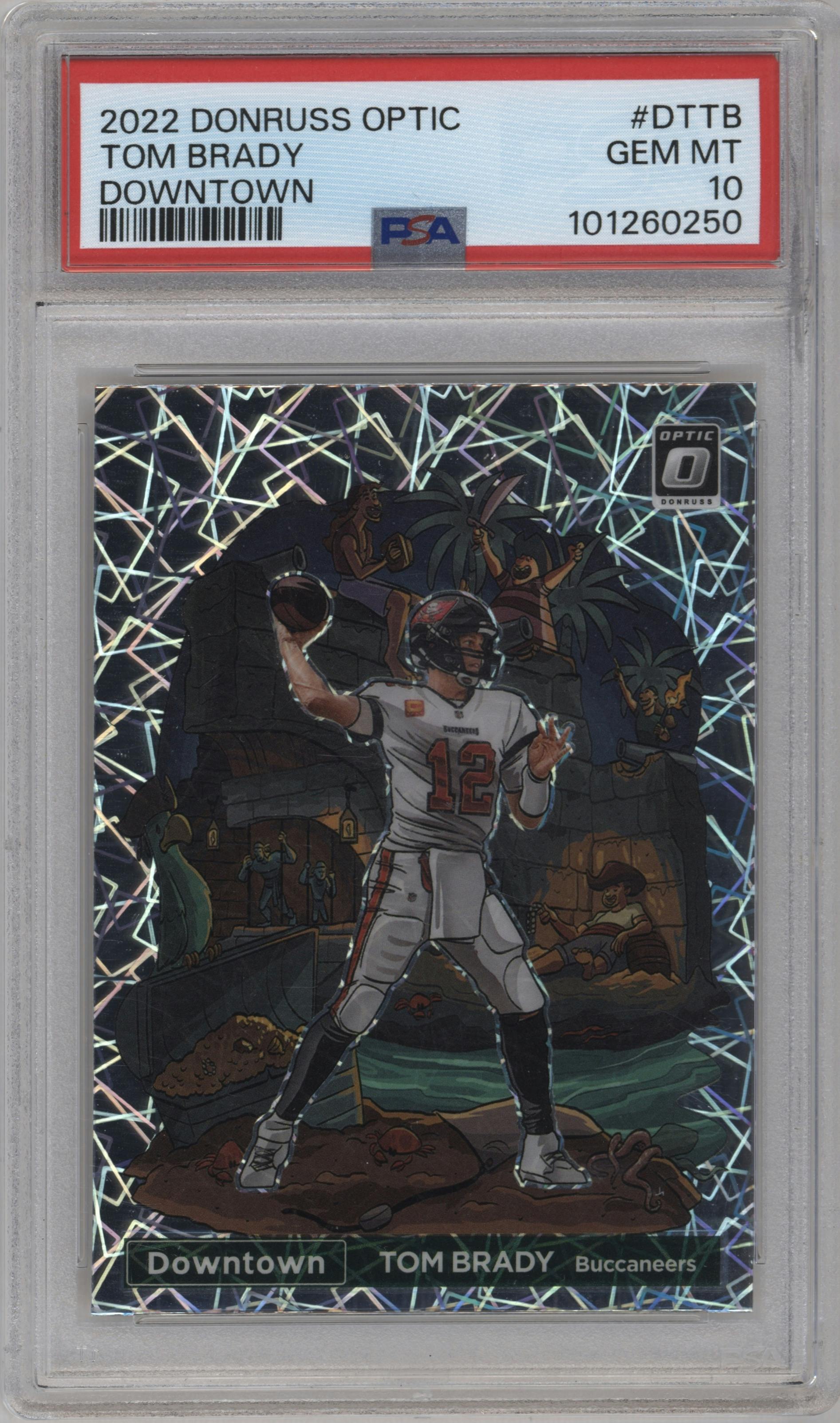 Tom Brady from the 2022 Panini Donruss Optic set graded by PSA and given an overall grade of 10.