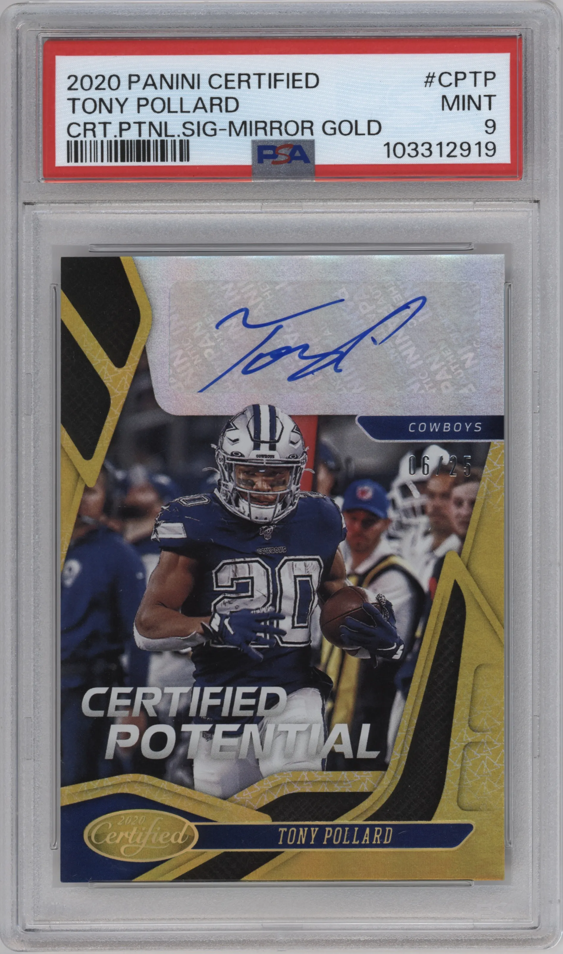 2020 Panini Certified Cert.Pot.Sig. Tony Pollard Mirror Gold #CP-TP PSA 9