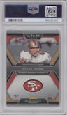 Steve Young from the 2023 Panini Prizm set featuring a Green Scope parallel graded by PSA and given an overall grade of 9.