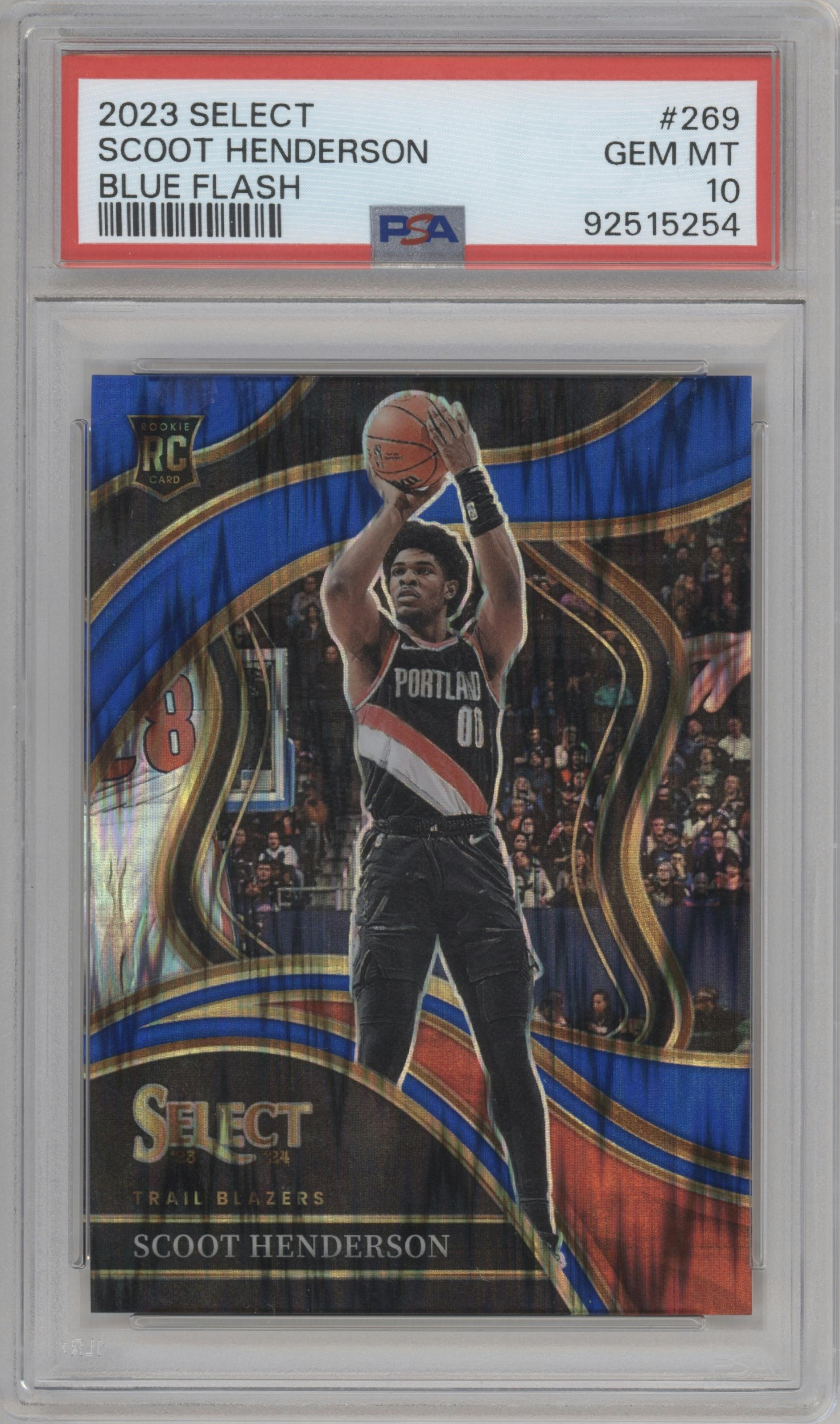Scoot Henderson from the 2023-24 Panini Select  set featuring a Blue Flash parallel graded by PSA and given an overall grade of 10.