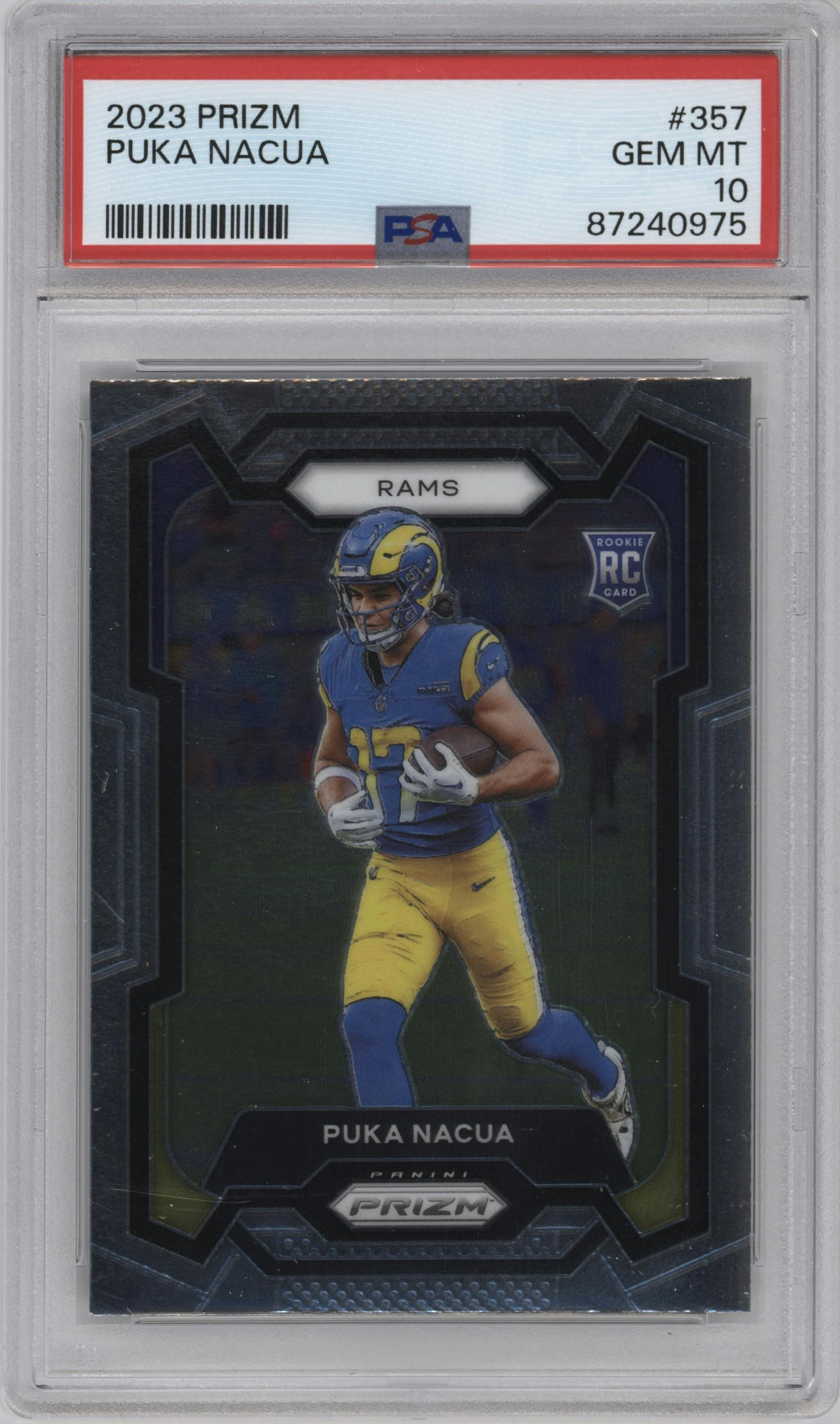 Puka Nacua from the 2023 Panini Prizm set graded by PSA and given an overall grade of 10.