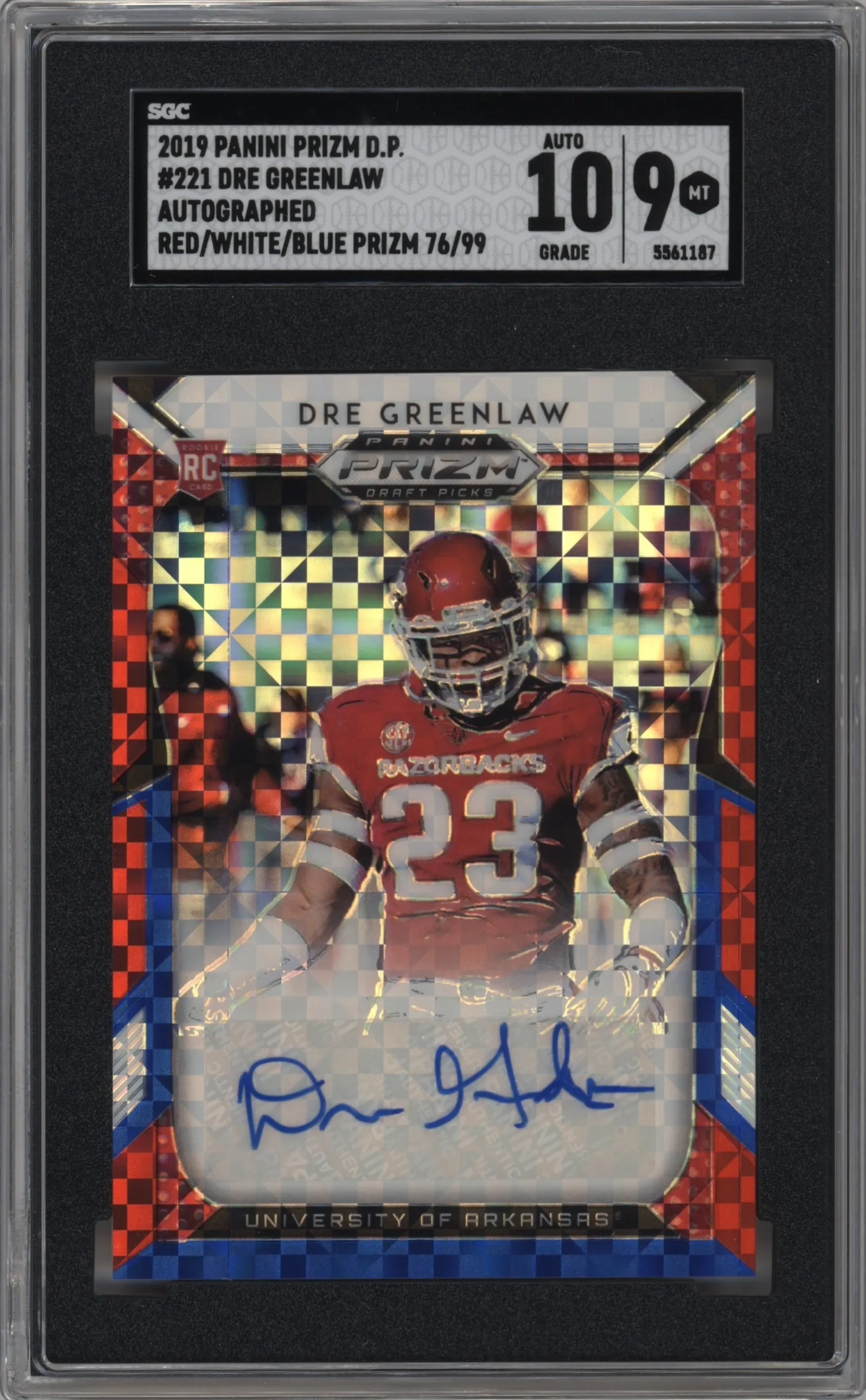 2019 Panini Prizm Draft Picks Auto Dre Greenlaw Red White Blue Prizm #221 SGC 9