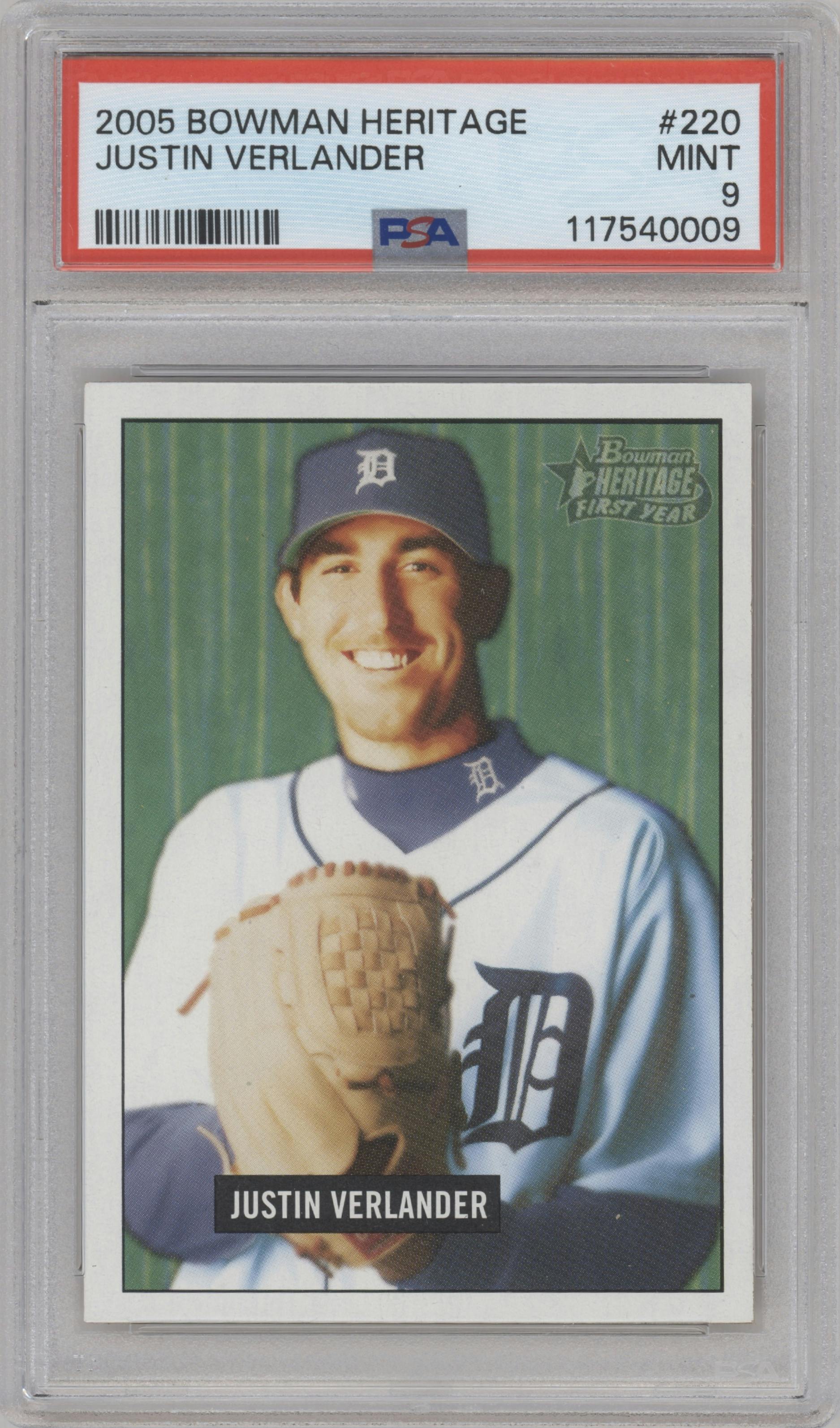 Justin Verlander from the 2005 Bowman Heritage set graded by PSA and given an overall grade of 9.
