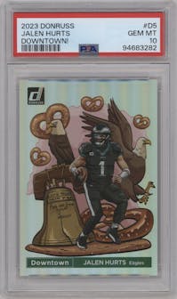 Jalen Hurts from the 2023 Panini Donruss set graded by PSA and given an overall grade of 10.