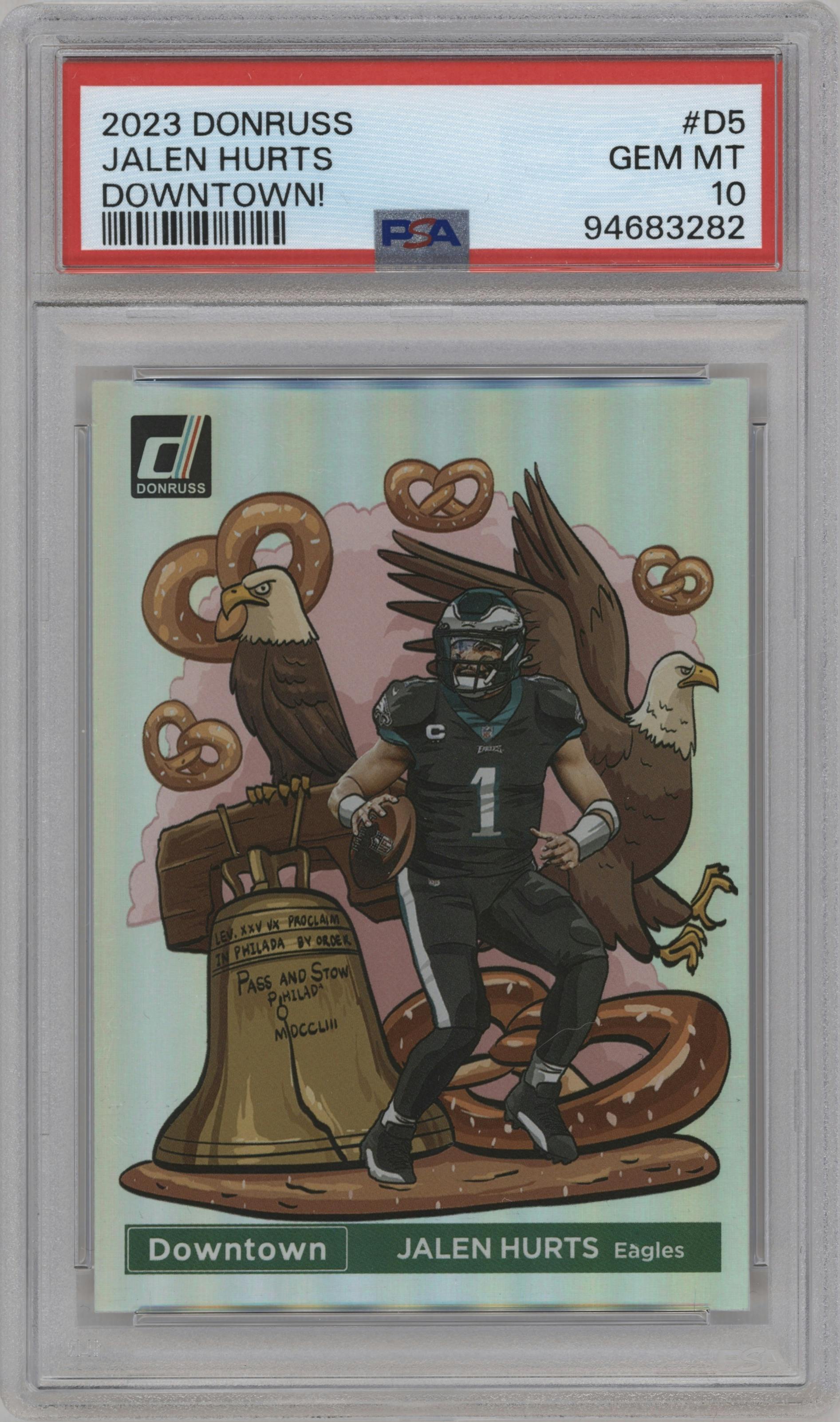 Jalen Hurts from the 2023 Panini Donruss set graded by PSA and given an overall grade of 10.