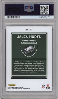Jalen Hurts from the 2023 Panini Donruss set graded by PSA and given an overall grade of 10.