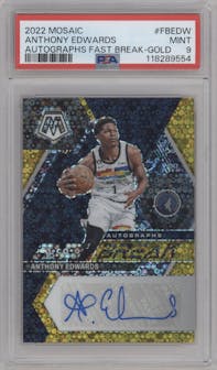 Anthony Edwards from the 2022-23 Panini Mosaic set featuring a Gold parallel graded by PSA and given an overall grade of 9.