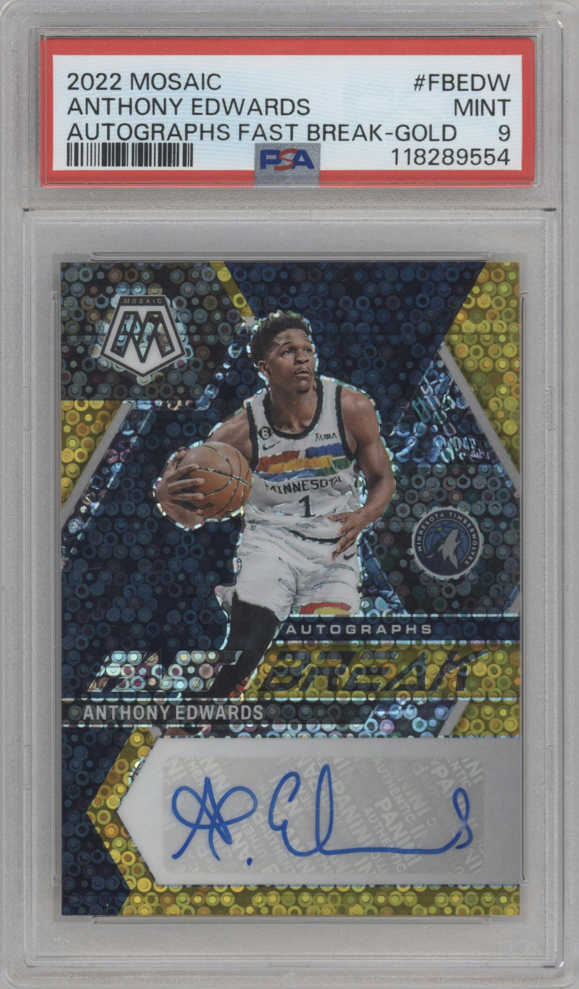 Anthony Edwards from the 2022-23 Panini Mosaic set featuring a Gold parallel graded by PSA and given an overall grade of 9.