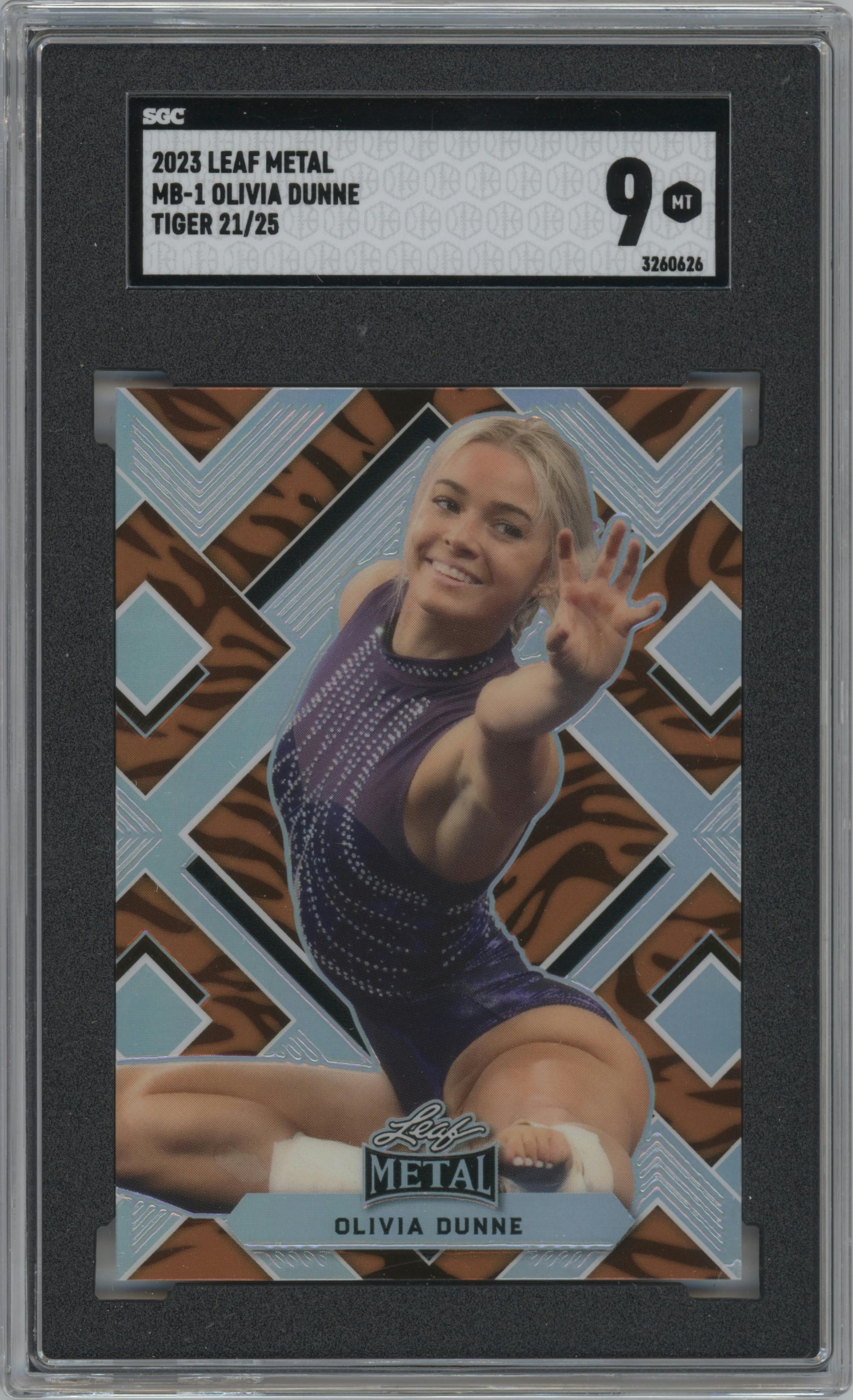 Olivia Dunne from the 2023 Leaf Metal set featuring a Tiger parallel graded by SGC and given an overall grade of 9.