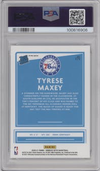 Tyrese Maxey from the 2020-21 Panini Donruss Optic set featuring a Fanatics Box Set parallel graded by PSA and given an overall grade of 9.