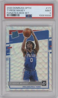 Tyrese Maxey from the 2020-21 Panini Donruss Optic set featuring a Fanatics Box Set parallel graded by PSA and given an overall grade of 9.