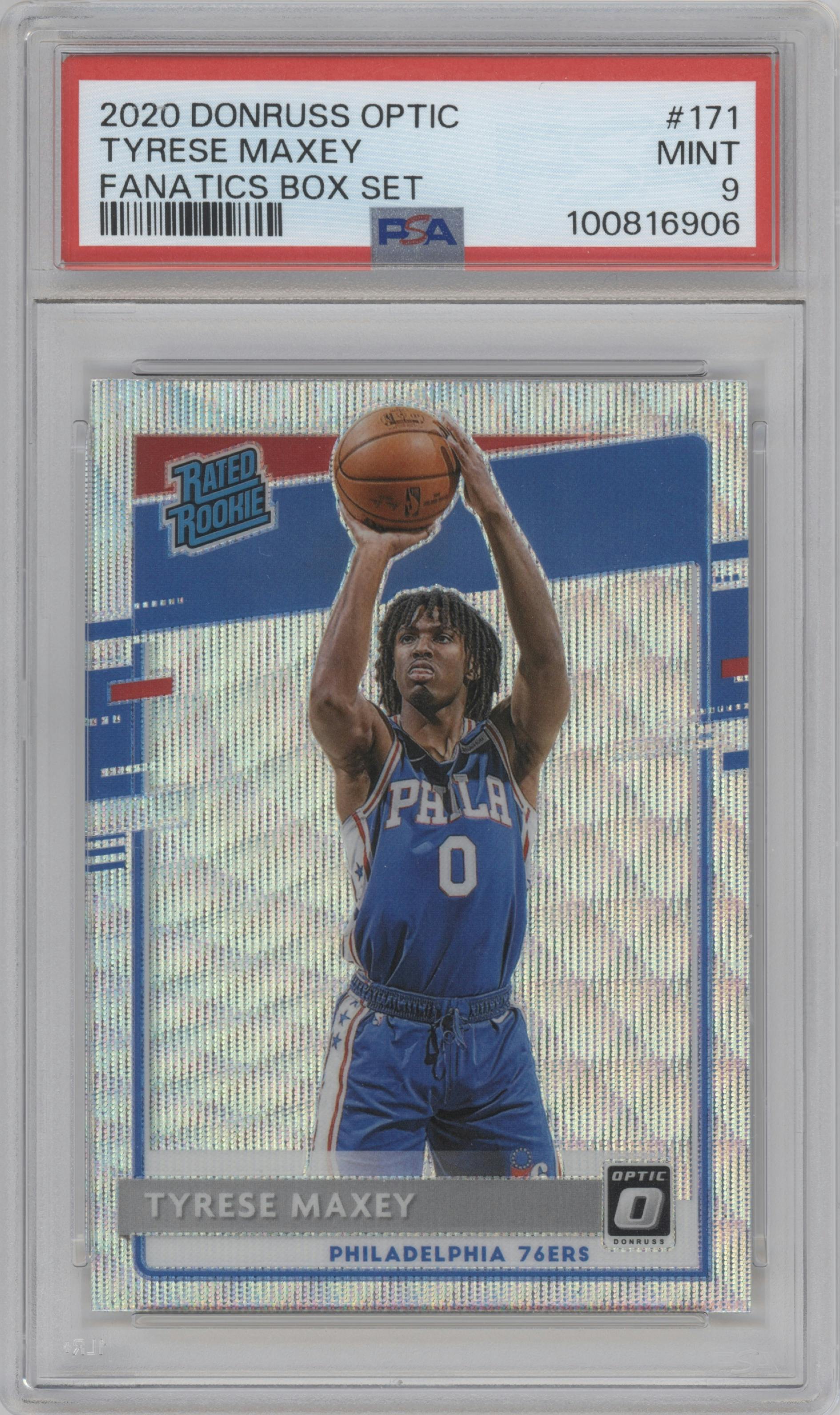 Tyrese Maxey from the 2020-21 Panini Donruss Optic set featuring a Fanatics Box Set parallel graded by PSA and given an overall grade of 9.