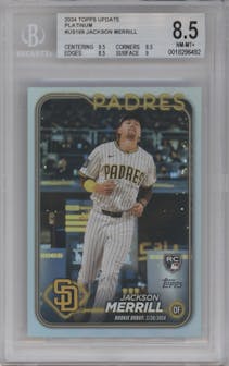 Jackson Merrill from the 2024 Topps Update set featuring a Platinum parallel graded by Beckett and given an overall grade of 8.5.