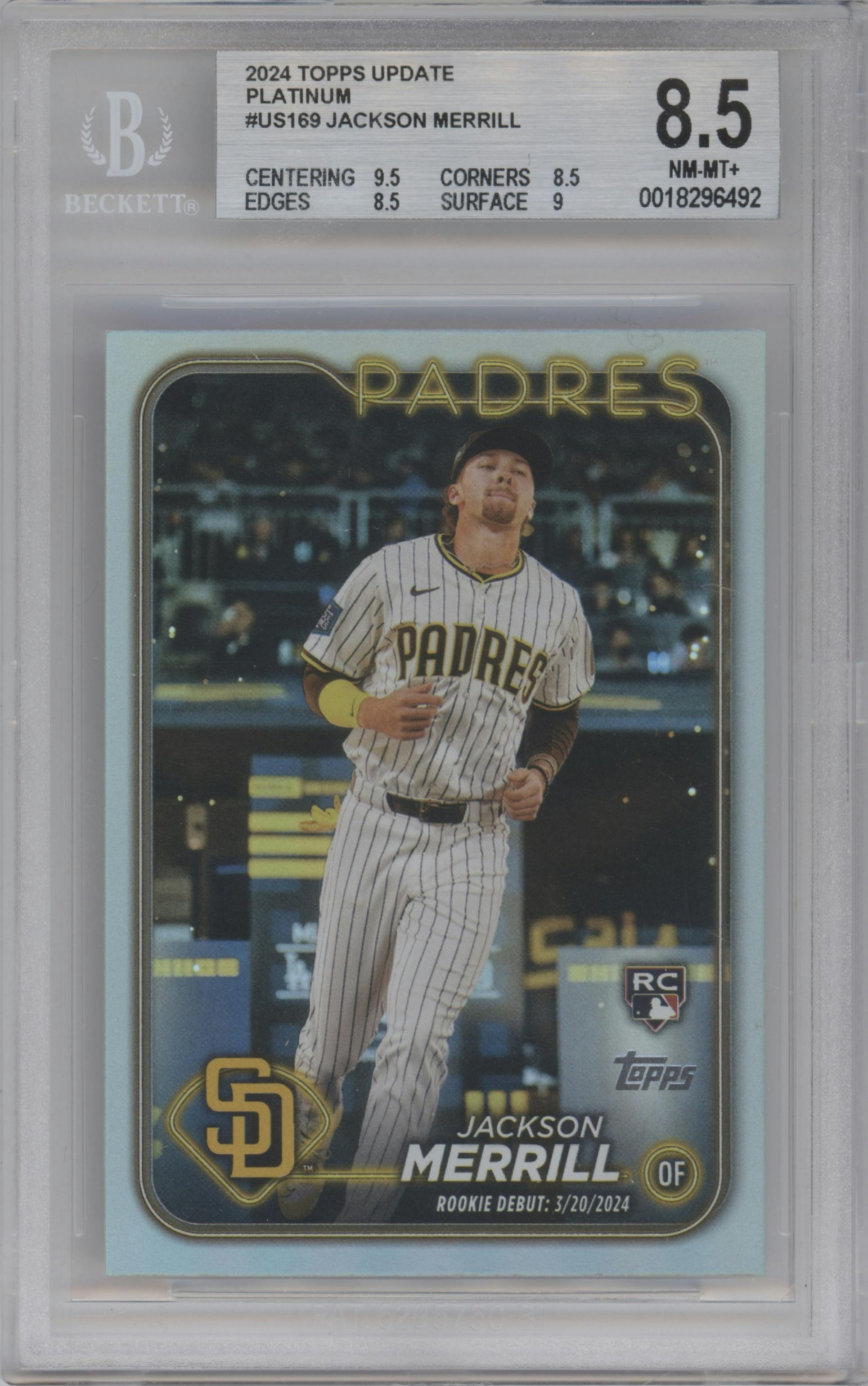 Jackson Merrill from the 2024 Topps Update set featuring a Platinum parallel graded by Beckett and given an overall grade of 8.5.