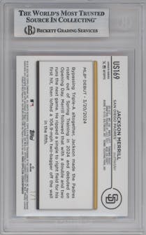 Jackson Merrill from the 2024 Topps Update set featuring a Platinum parallel graded by Beckett and given an overall grade of 8.5.