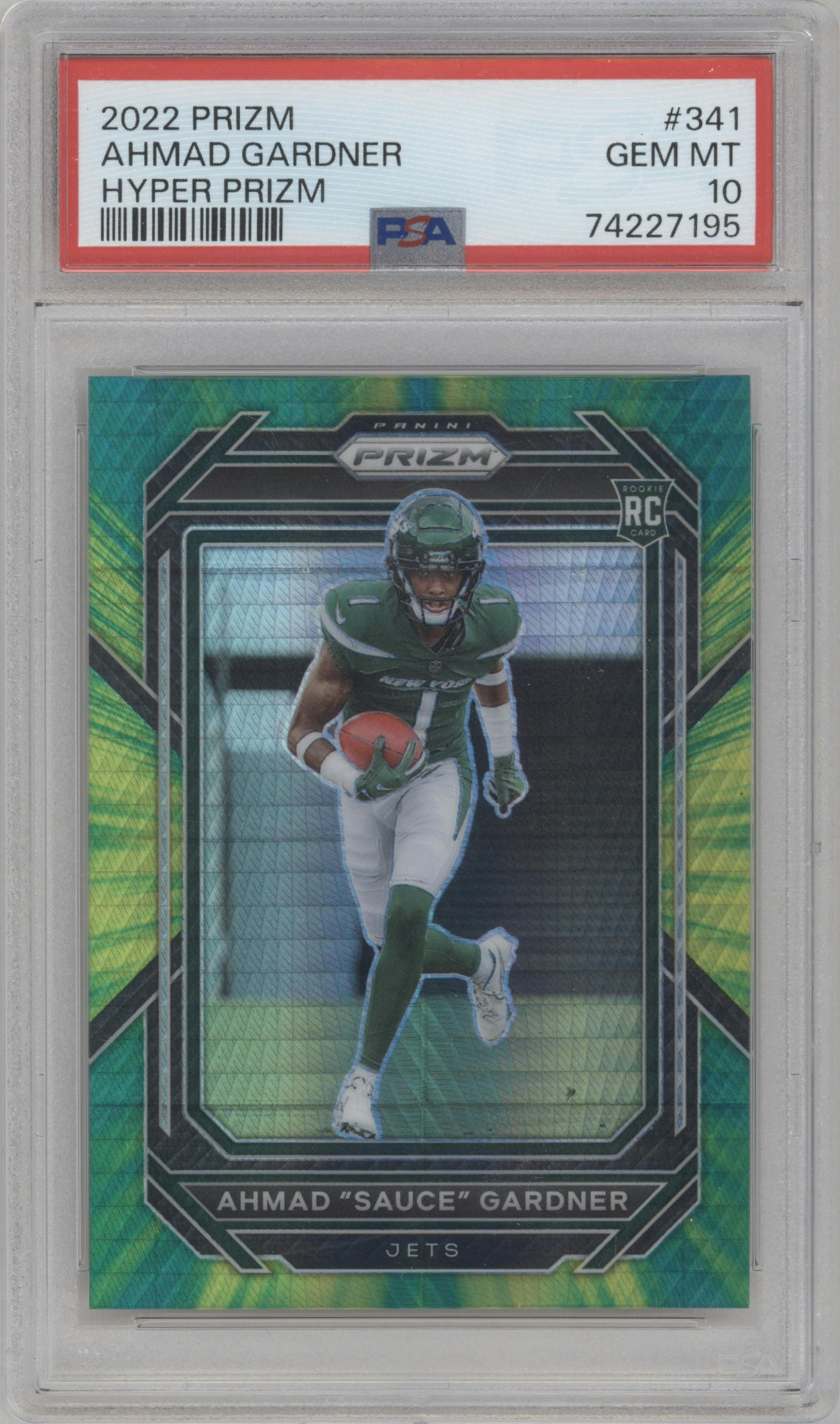 Ahmad "Sauce" Gardner from the 2022 Panini Prizm set featuring a Hyper  parallel graded by PSA and given an overall grade of 10.